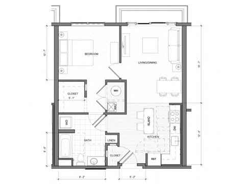 Floor plan for 1 bed, 1 bath, 762 sqft