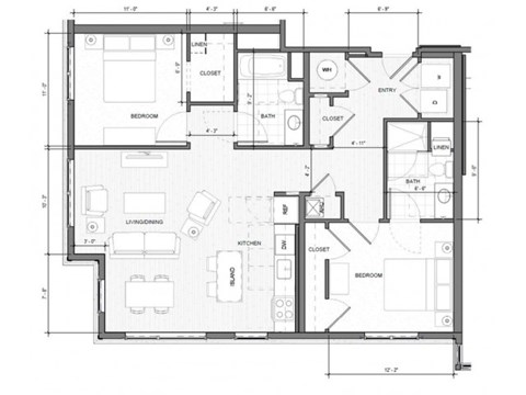 Floor plan for 2 beds, 2 baths, 1143 sqft