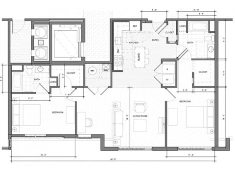 Floor plan for 2 beds, 2 baths, 916 sqft