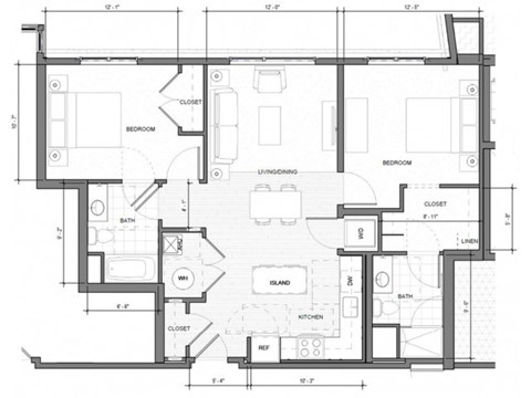 Floor plan for 2 beds, 2 baths, 921 sqft