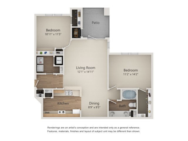 Floor plan for 2 beds, 1 bath, 1024 sqft