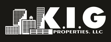 Inglewood apartment for rent - A black and white logo for K.I.G. Properties, LLC with a city skyline in the background.