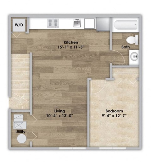 Floor plan for 1 bed, 1 bath, 588 sqft