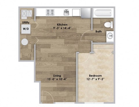 Floor plan for 1 bed, 1 bath, 588 sqft