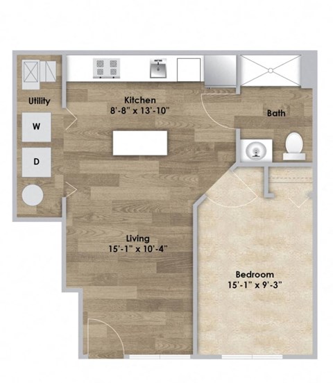 Floor plan for 1 bed, 1 bath, 588 sqft