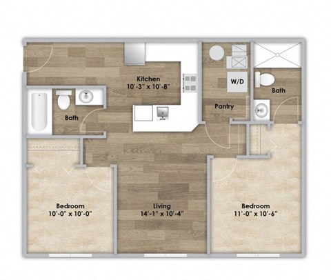 Floor plan for 2 beds, 2 baths, 775 sqft