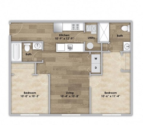 Floor plan for 2 beds, 2 baths, 775 sqft