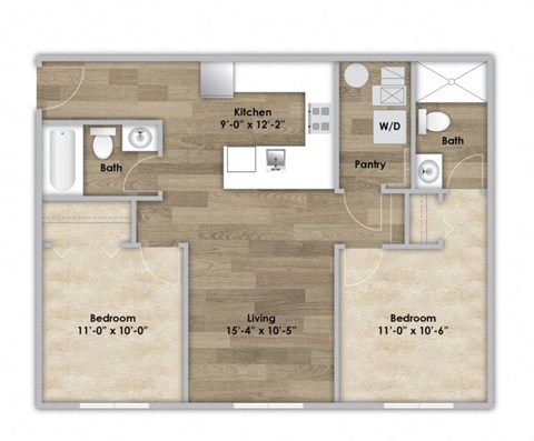 Floor plan for 2 beds, 2 baths, 775 sqft