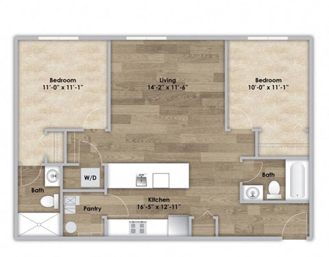 Floor plan for 2 beds, 2 baths, 876 sqft