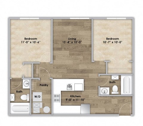 Floor plan for 2 beds, 2 baths, 763 sqft