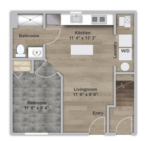Floor plan for 1 bed, 1 bath, 576 sqft