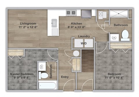 Floor plan for 2 beds, 2 baths, 864 sqft