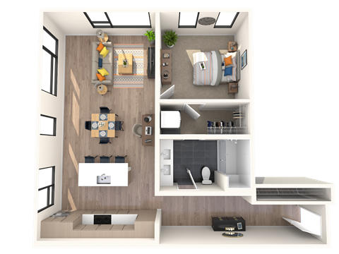 Floor plan for 1 bed, 1 bath, 977 sqft