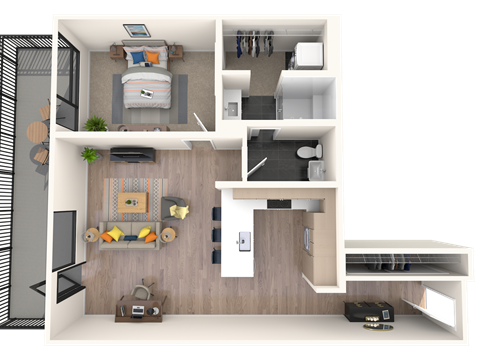 Floor plan for 1 bed, 1 bath, 896 sqft