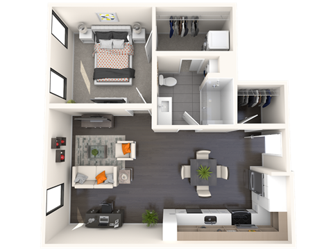 Floor plan for 1 bed, 1 bath, 736 sqft