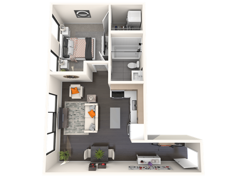 Floor plan for 1 bed, 1 bath, 651 sqft