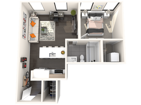 Floor plan for 1 bed, 1 bath, 658 sqft