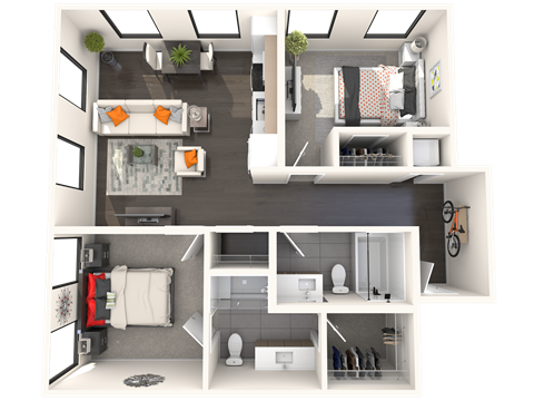 Floor plan for 2 beds, 2 baths, 963 sqft