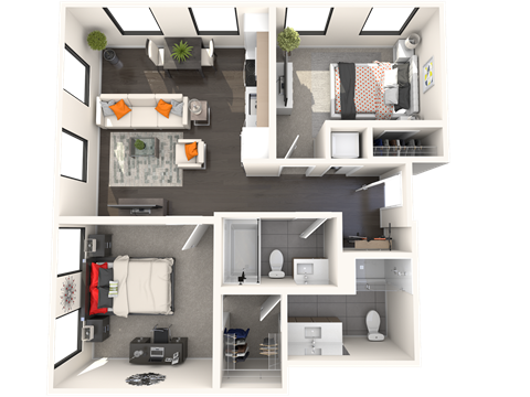 Floor plan for 2 beds, 2 baths, 910 sqft