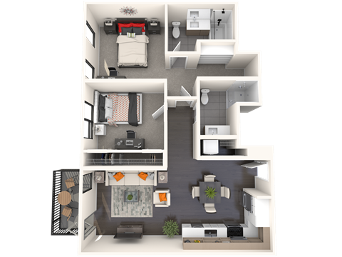 Floor plan for 2 beds, 2 baths, 1000 sqft