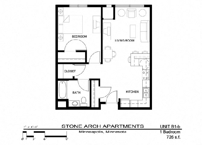 Floor plan for 1 bed, 1 bath, 726 sqft