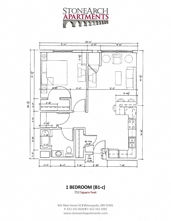 Floor plan for 1 bed, 1 bath, 696 sqft