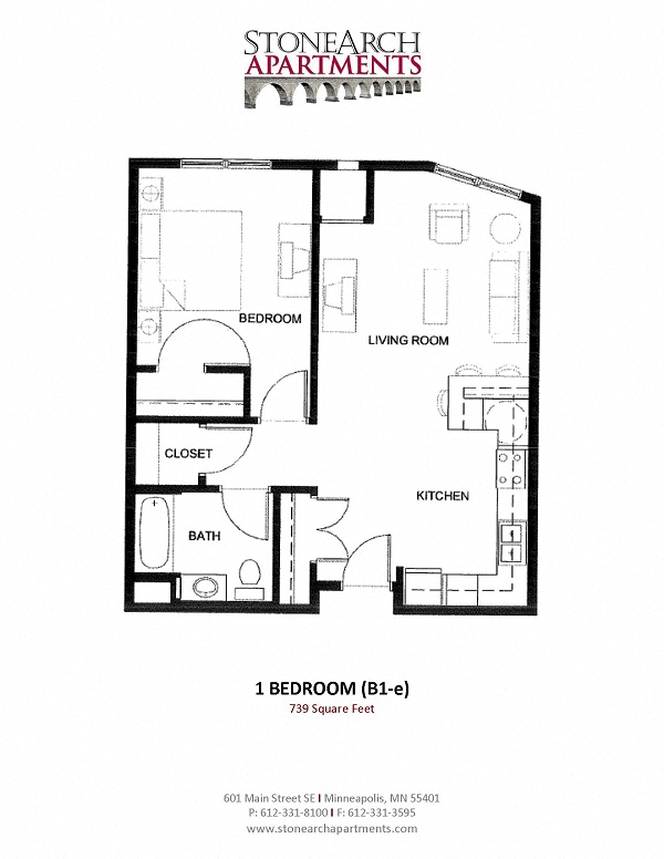 Floor plan for 1 bed, 1 bath, 723 sqft
