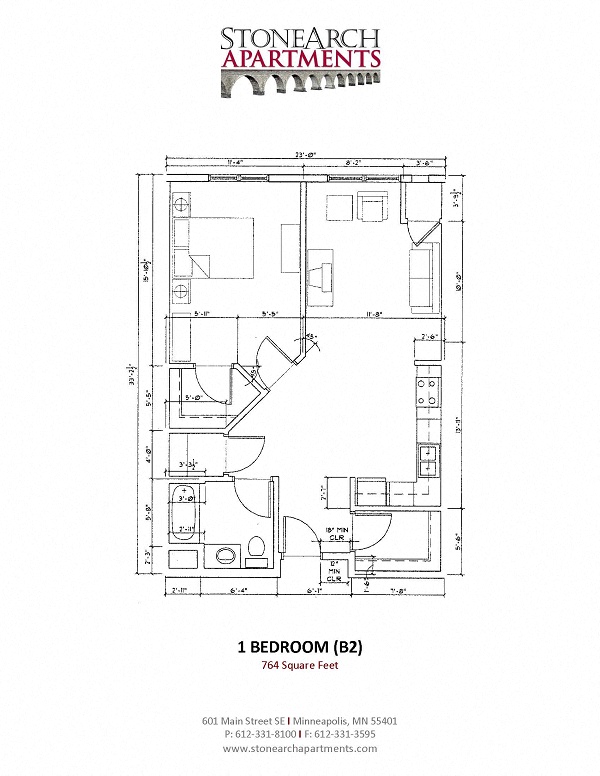 Floor plan for 1 bed, 1 bath, 764 sqft