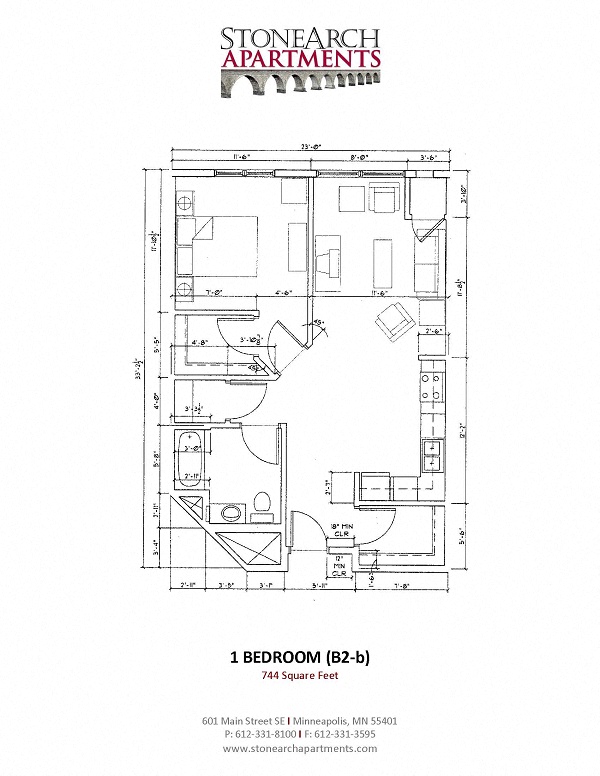 Floor plan for 1 bed, 1 bath, 744 sqft