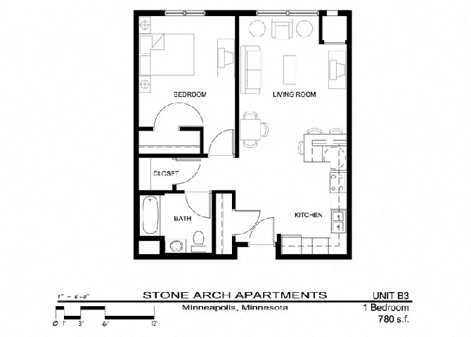 Floor plan for 1 bed, 1 bath, 923 sqft
