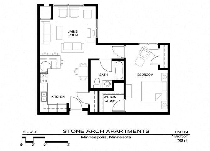 Floor plan for 1 bed, 1 bath, 766 sqft