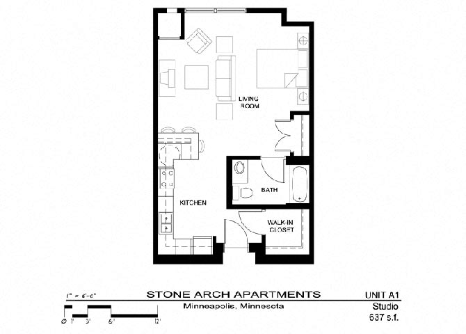 Floor plan for studio, 1 bath, 637 sqft