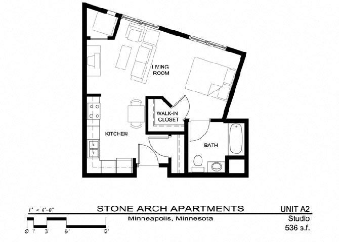 Floor plan for studio, 1 bath, 536 sqft