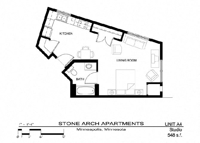 Floor plan for studio, 1 bath, 536 sqft