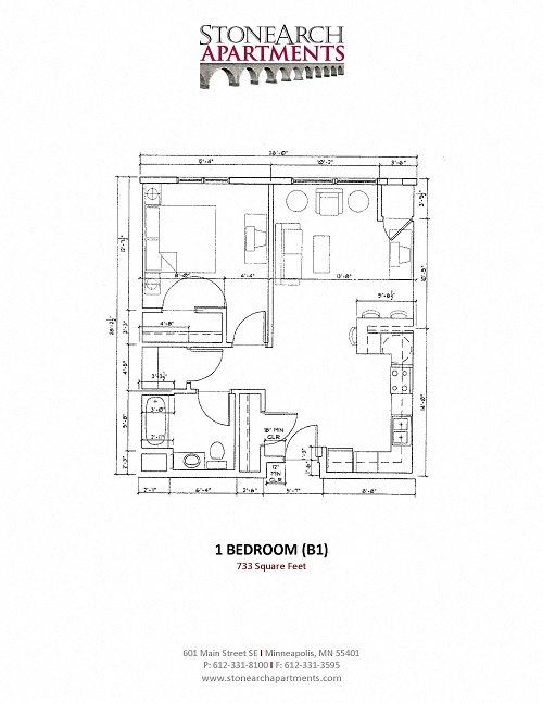 Floor plan for 1 bed, 1 bath, 733 sqft
