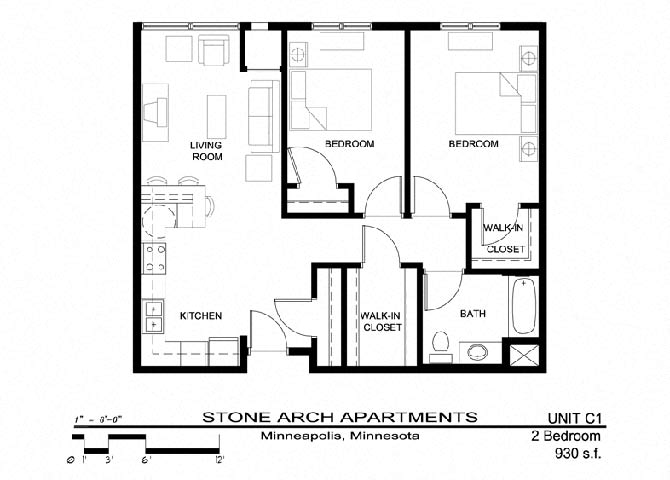 Floor plan for 2 beds, 1 bath, 930 sqft