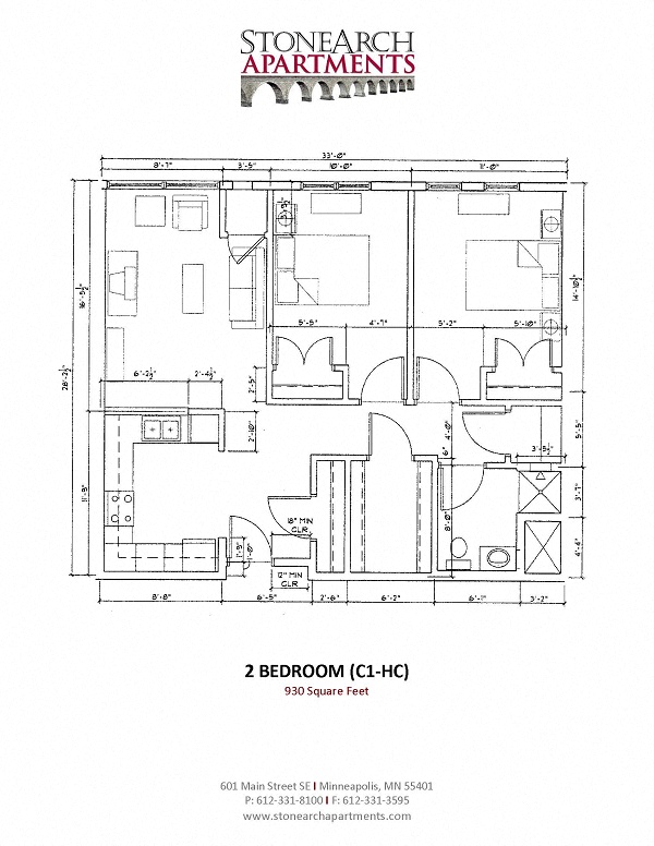 Floor plan for 2 beds, 1 bath, 955 sqft