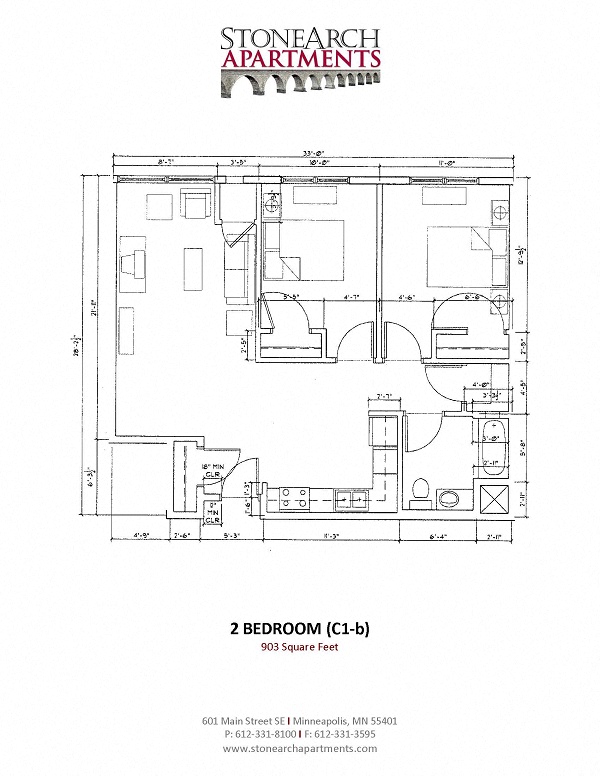 Floor plan for 2 beds, 1 bath, 903 sqft