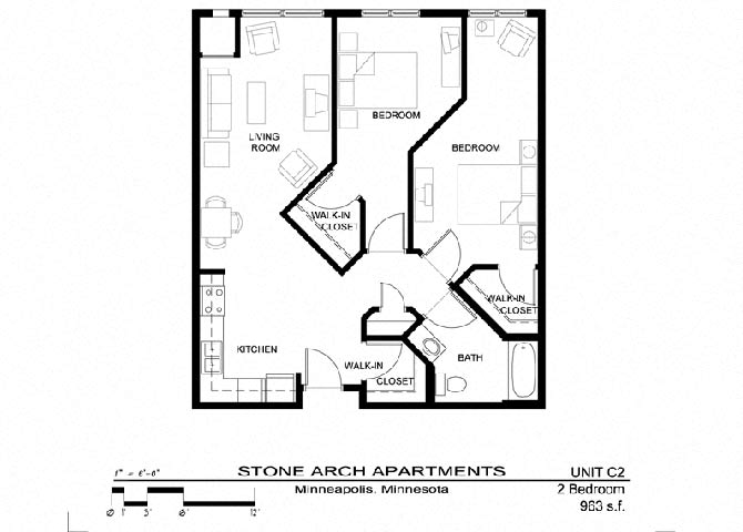Floor plan for 2 beds, 1 bath, 955 sqft