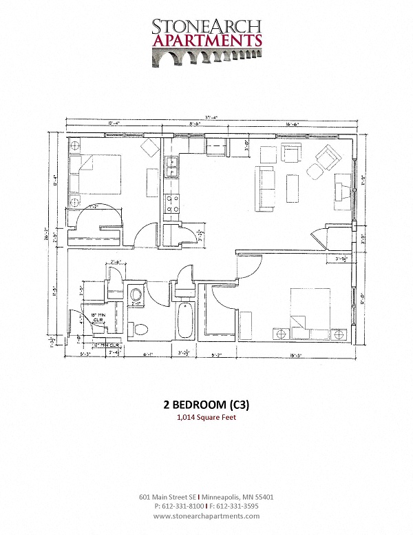 Floor plan for 2 beds, 1 bath, 1014 sqft