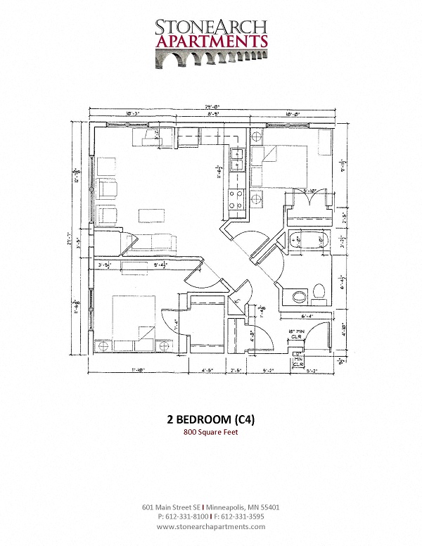 Floor plan for 2 beds, 1 bath, 800 sqft