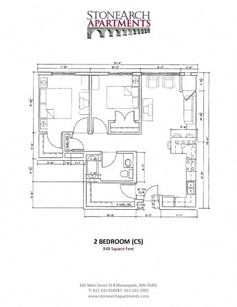 Floor plan for 2 beds, 1 bath, 848 sqft