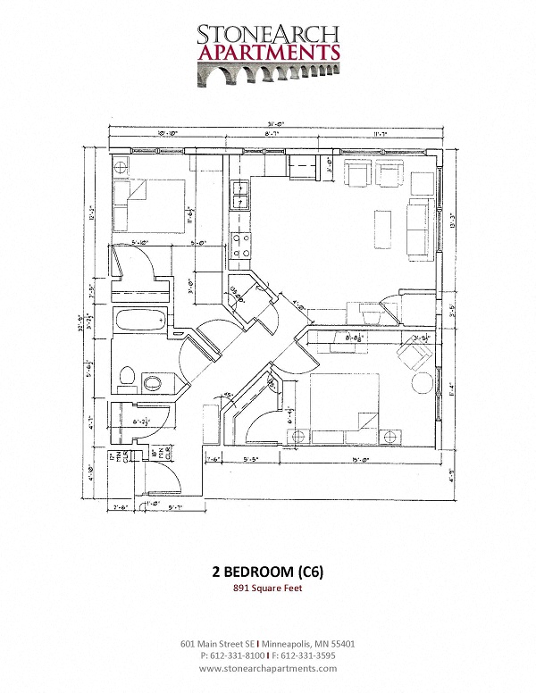 Floor plan for 2 beds, 1 bath, 891 sqft