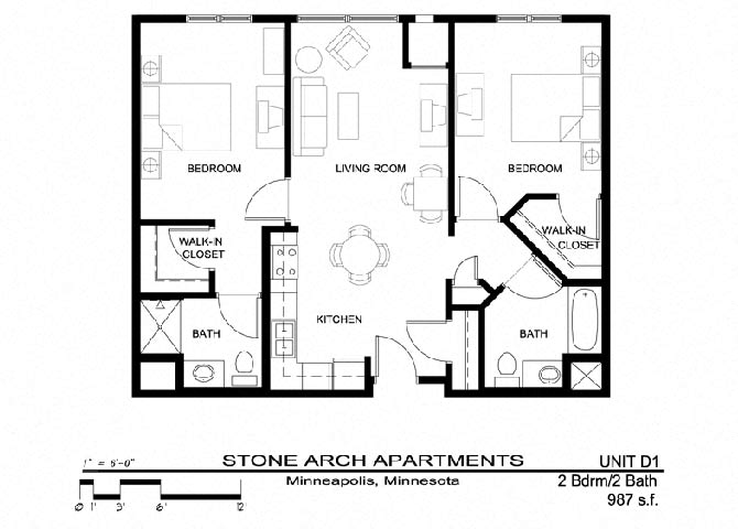 Floor plan for 2 beds, 2 baths, 987 sqft