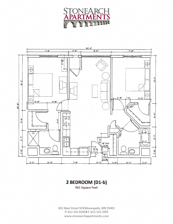 Floor plan for 2 beds, 2 baths, 961 sqft