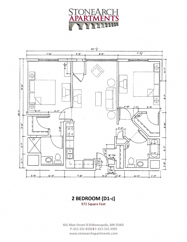 Floor plan for 2 beds, 2 baths, 994 sqft