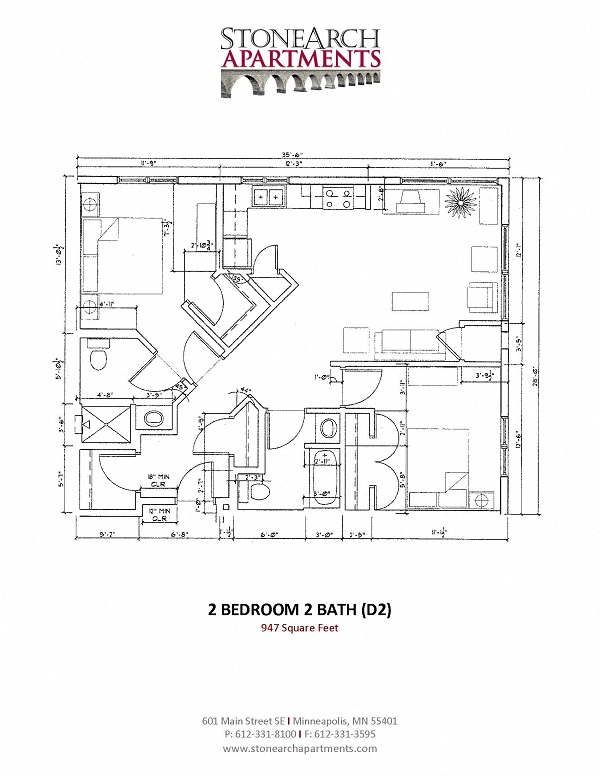 Floor plan for 2 beds, 2 baths, 947 sqft