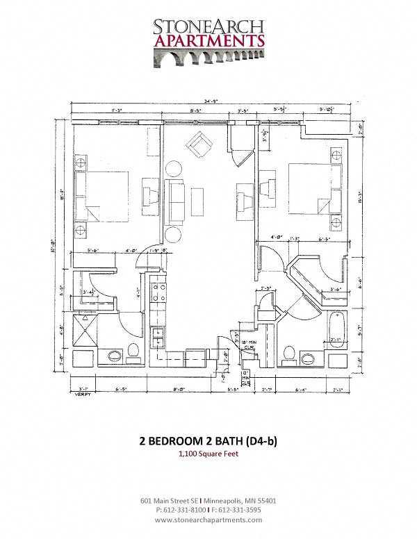 Floor plan for 2 beds, 2 baths, 1100 sqft