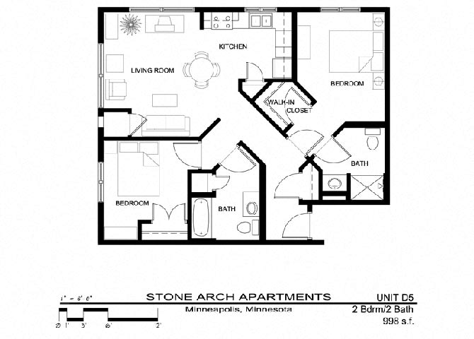 Floor plan for 2 beds, 2 baths, 998 sqft