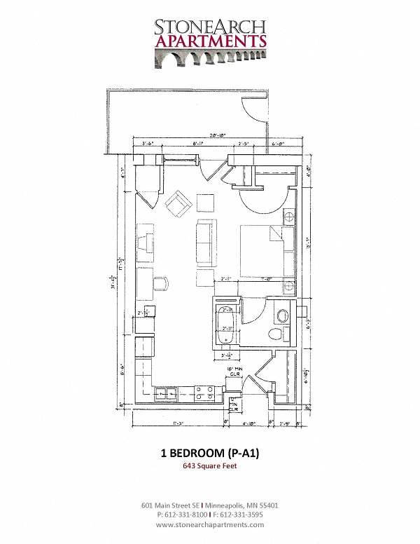 Floor plan for studio, 1 bath, 643 sqft